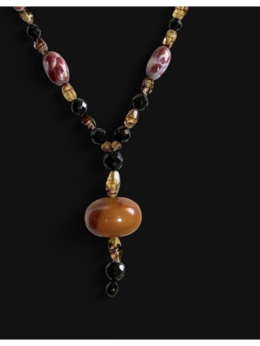 Vintage Butterscotch Bakelite Pendant Necklace Lampwork Glass Beads Boho